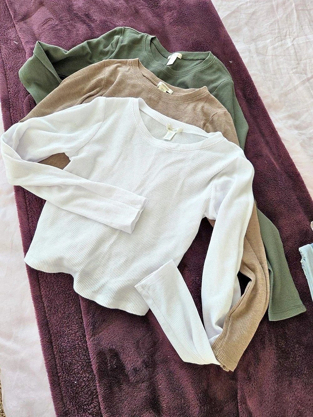 BOZZOLO Waffle Knit Thermal Long Sleeve Crew Neck Top Bundle Top Bundle White &